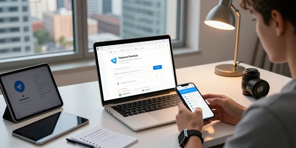 Explore Telegram Download features with a user configuring settings on multiple devices in a modern workspace.