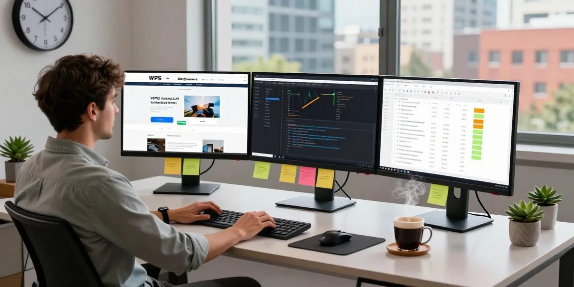 Workspace of a software developer showcasing WPS Official Website, coding tools, and a vibrant city view.