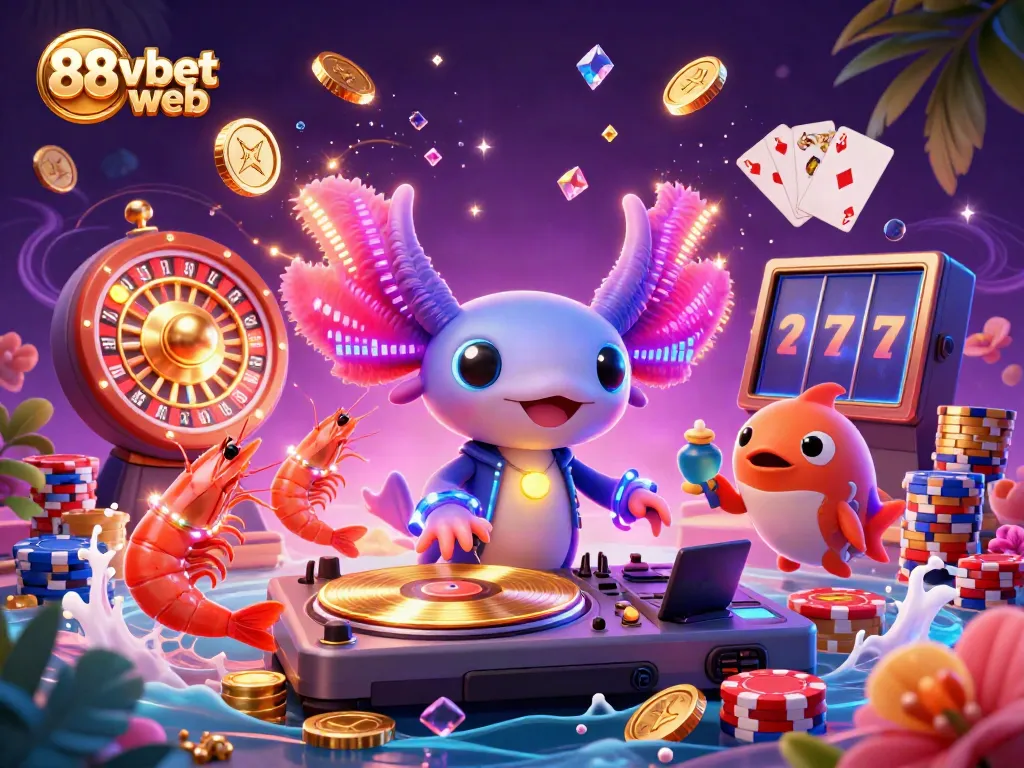 88vbet web showcases an energetic scene with a neon axolotl DJ, vibrant casino elements, and dancing shrimp.