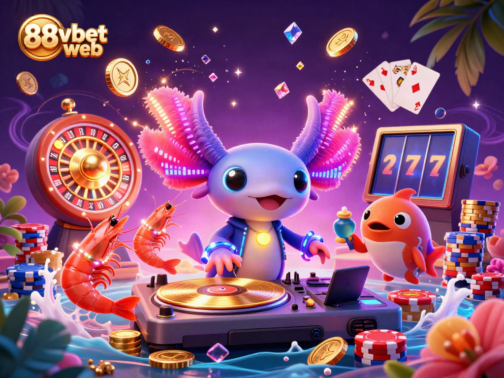 88vbet web showcases an energetic scene with a neon axolotl DJ, vibrant casino elements, and dancing shrimp.