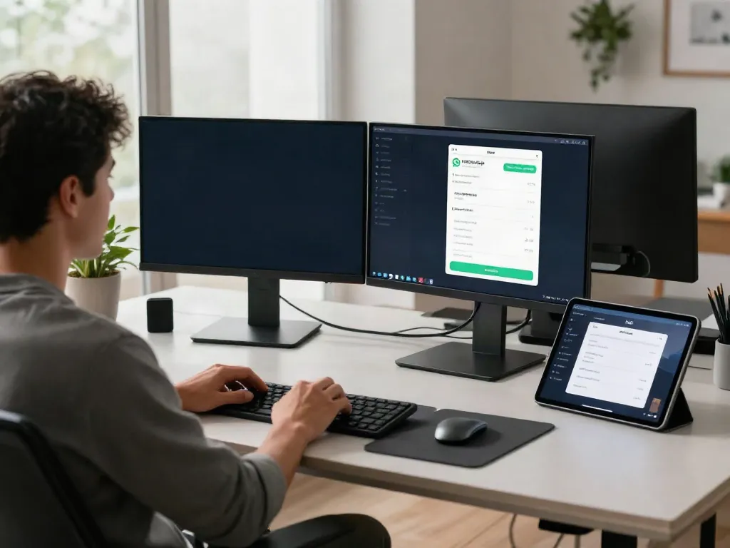 Person at a tech workspace getting the apk for FMWhatsApp with monitors and smartphone highlighted.
