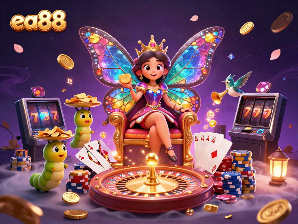 Experience the excitement of EA88 as colorful characters celebrate with chips and golden coins in a dynamic scene.