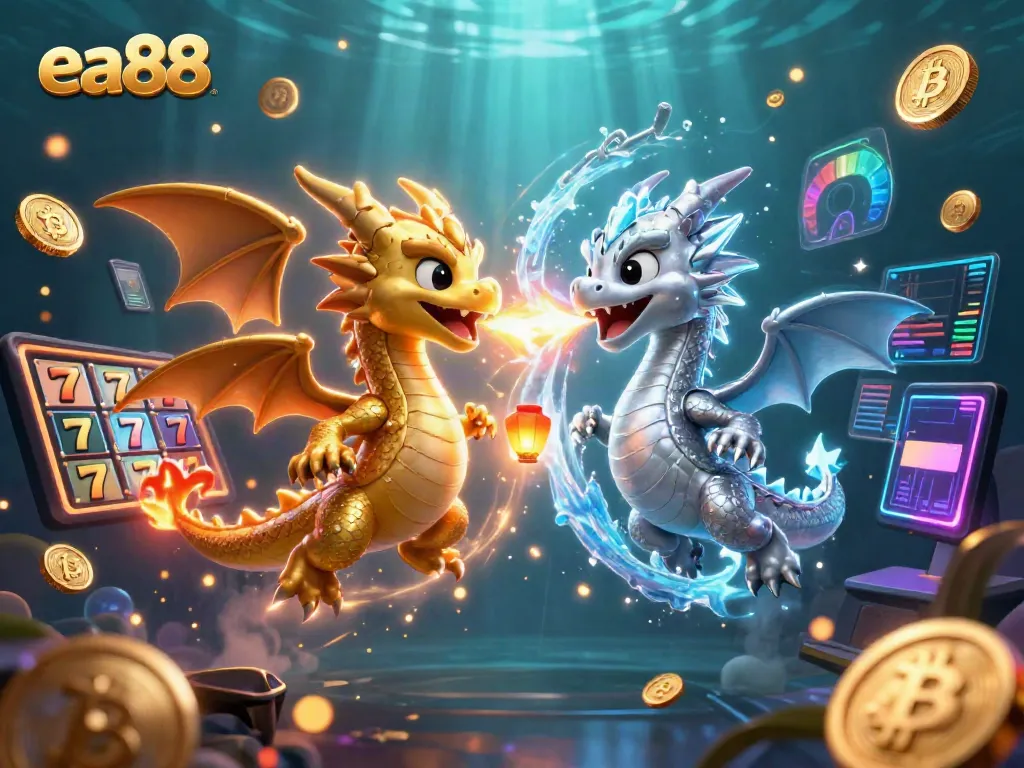 Play slots with exciting bonuses at ea88 featuring golden and silver dragons battling in a vibrant casino