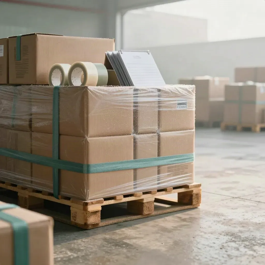 Monthly refill crate with cartons, tape rolls, dividers and freight straps on wet concrete.