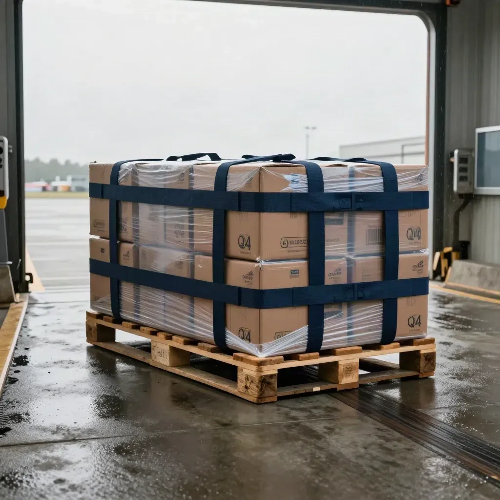 Wet loading apron with shrink-wrapped cartons and navy straps rolling into place in dramatic overcast light