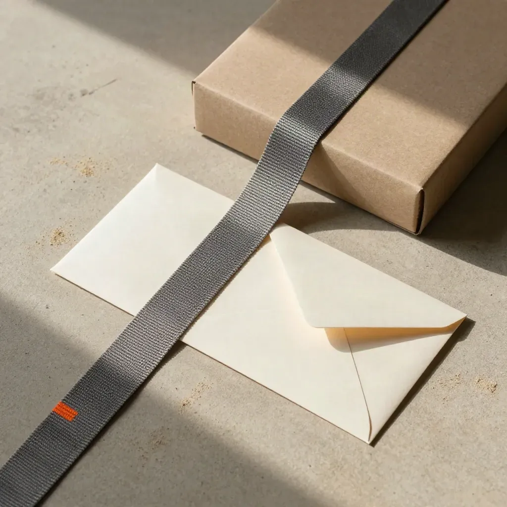Overhead flat lay of freight booking kit with straps, carton corners, and sleeves on concrete