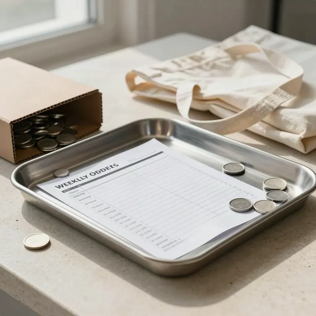 Pewter reorder tray with tokens, open carton edge, and pale tote on stone