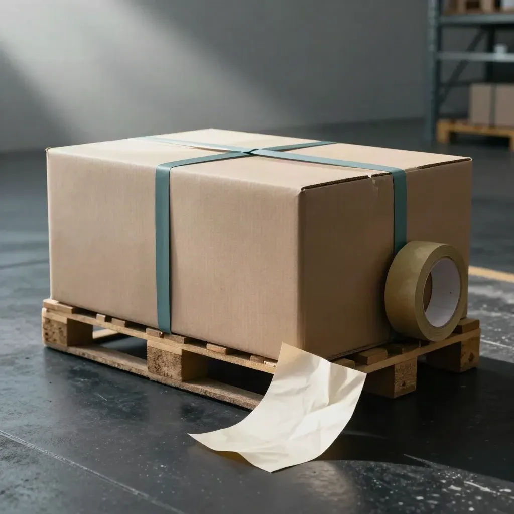Stacked cartons, void-fill paper, and tape roll on a dark warehouse pallet in dramatic side light.