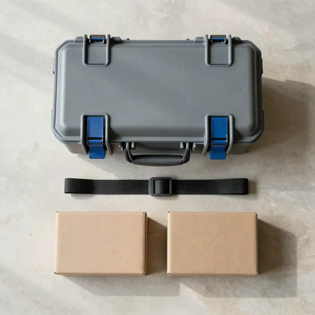 Overhead flat lay of a contractor supply kit with case, cartons, protectors and strap
