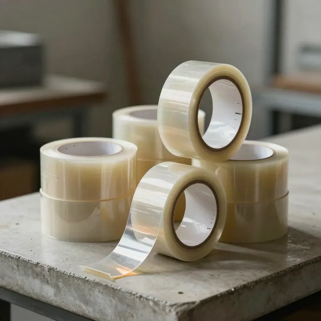 Six clear packing tape rolls stacked with one unspooling on a concrete packing bench.