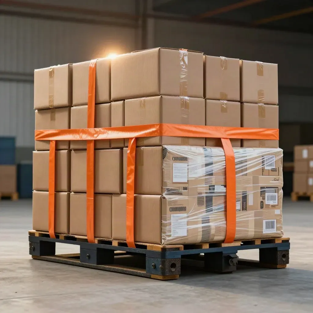 Stacked cartons with orange freight straps on a dark skid under dramatic warehouse light.