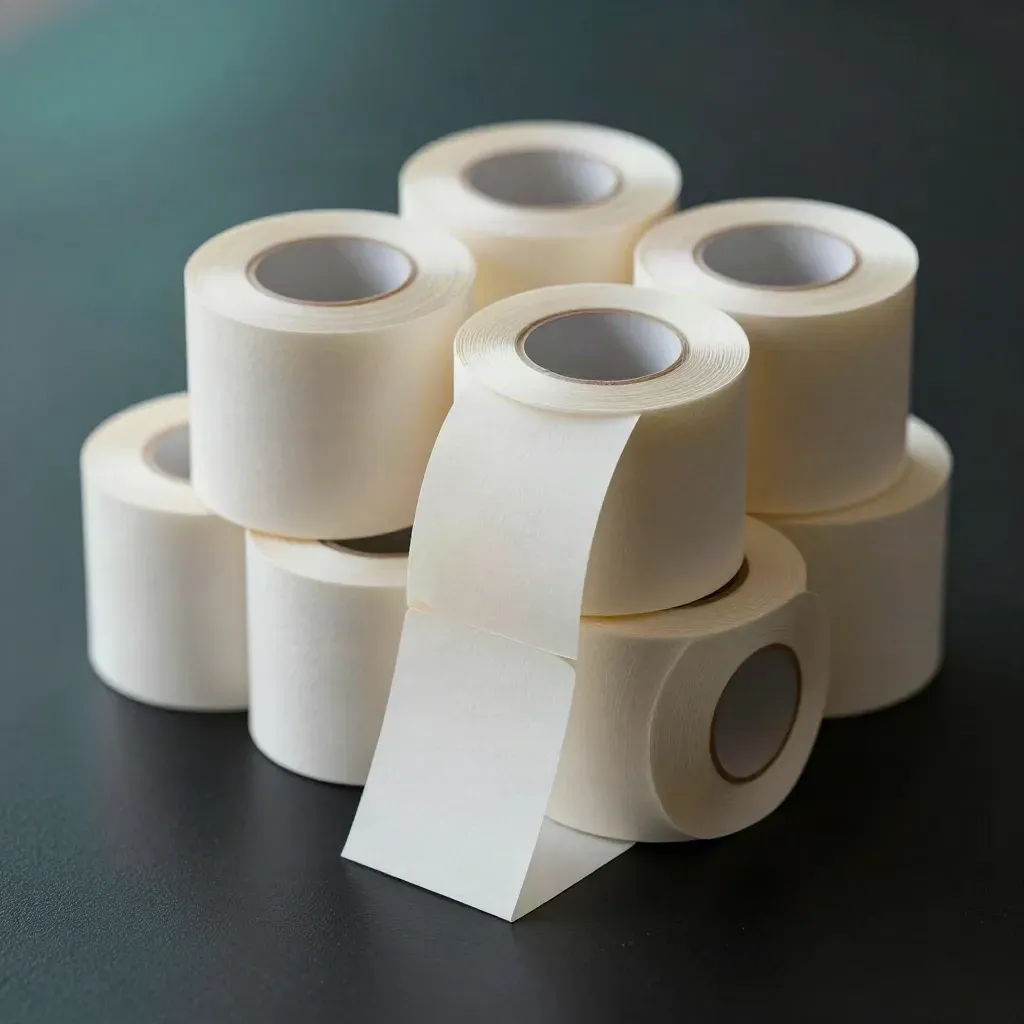 Ten blank label rolls stacked on a matte-black surface with cool teal rim light and haze.