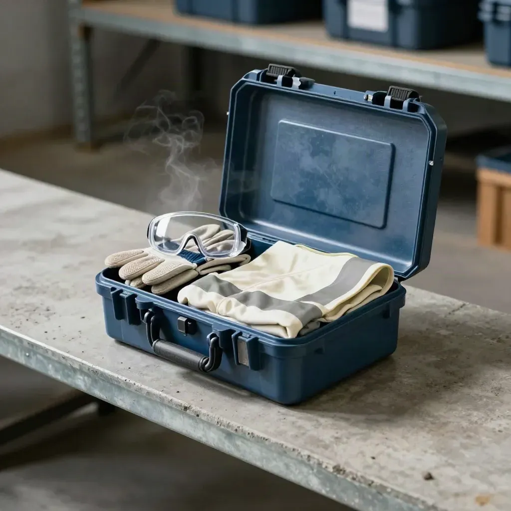 Open PPE kit with case, gloves, goggles and vest on a concrete workbench.