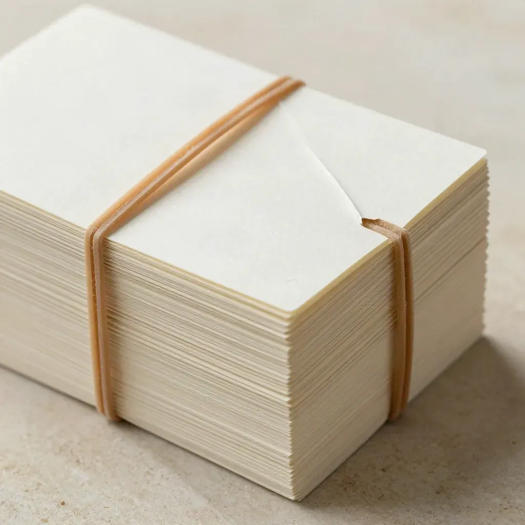 Cream inventory count cards stacked diagonally with a rubber band on pale stone, lit by soft rim light.