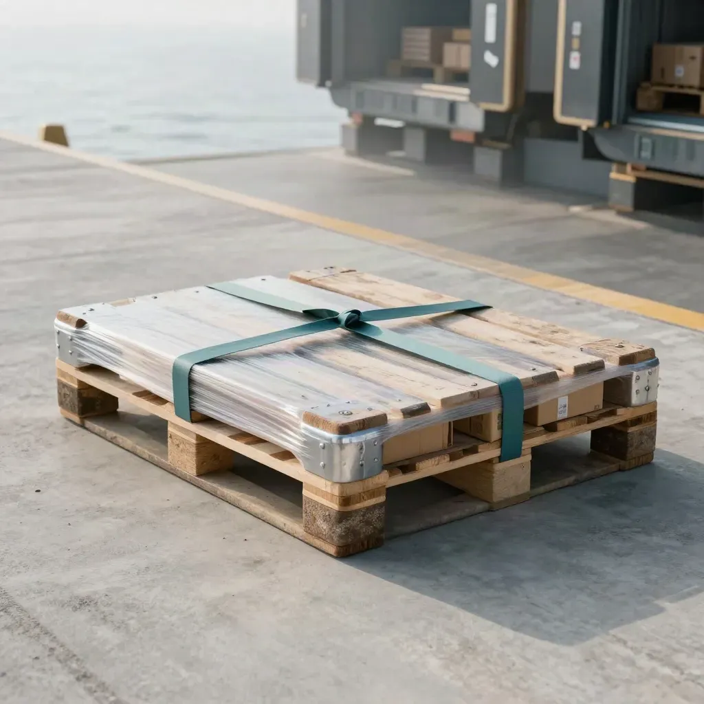 Freight pallet on a misty dock apron with steel hardware and blurred pallets above