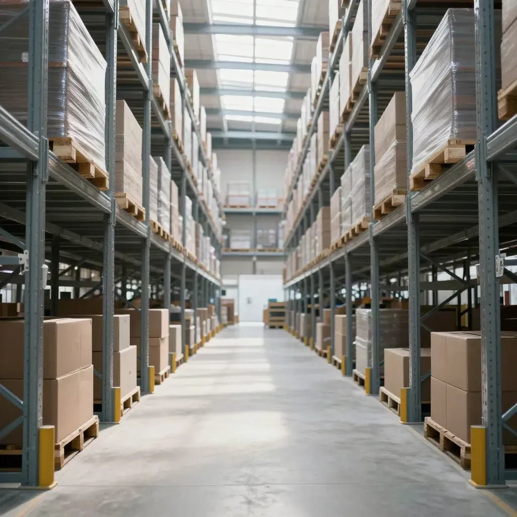 Empty warehouse aisle with tall racking, skylight beams, and carton stacks above