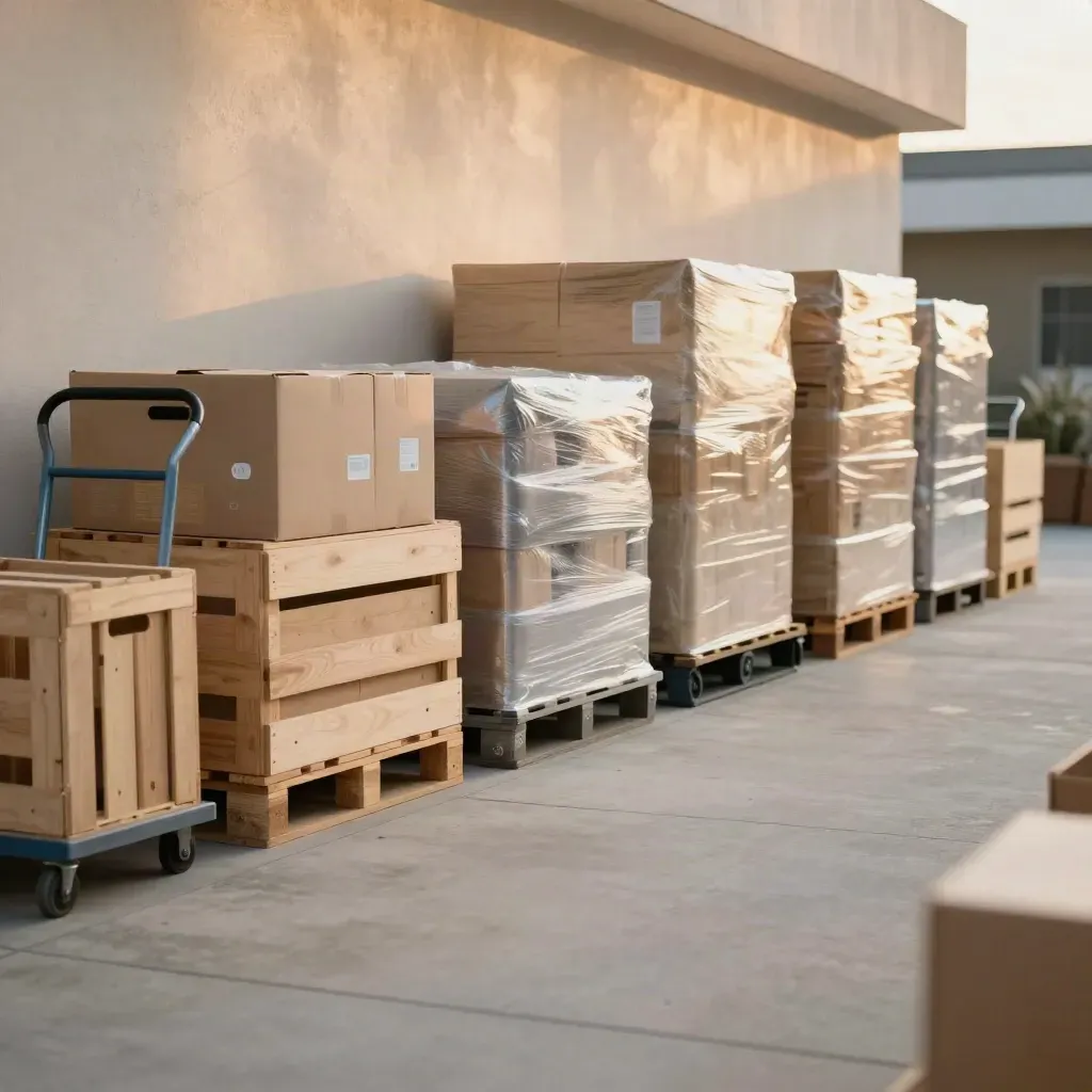 Quiet retail backlot lane with pale wood crates and warm light, open calm copy space below.