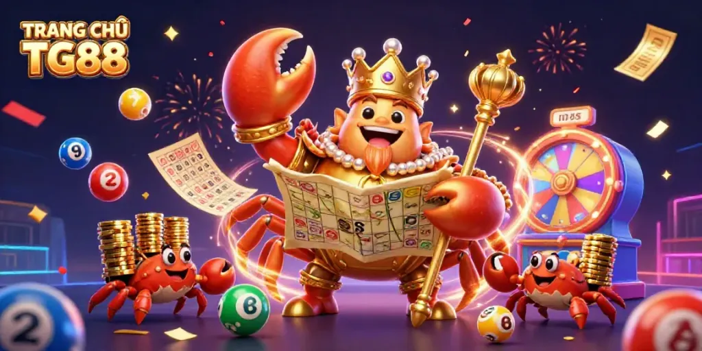 Engage with TRANG CHỦ TG88's thrilling lottery scene showcasing vibrant golden crab emperor and bounty.