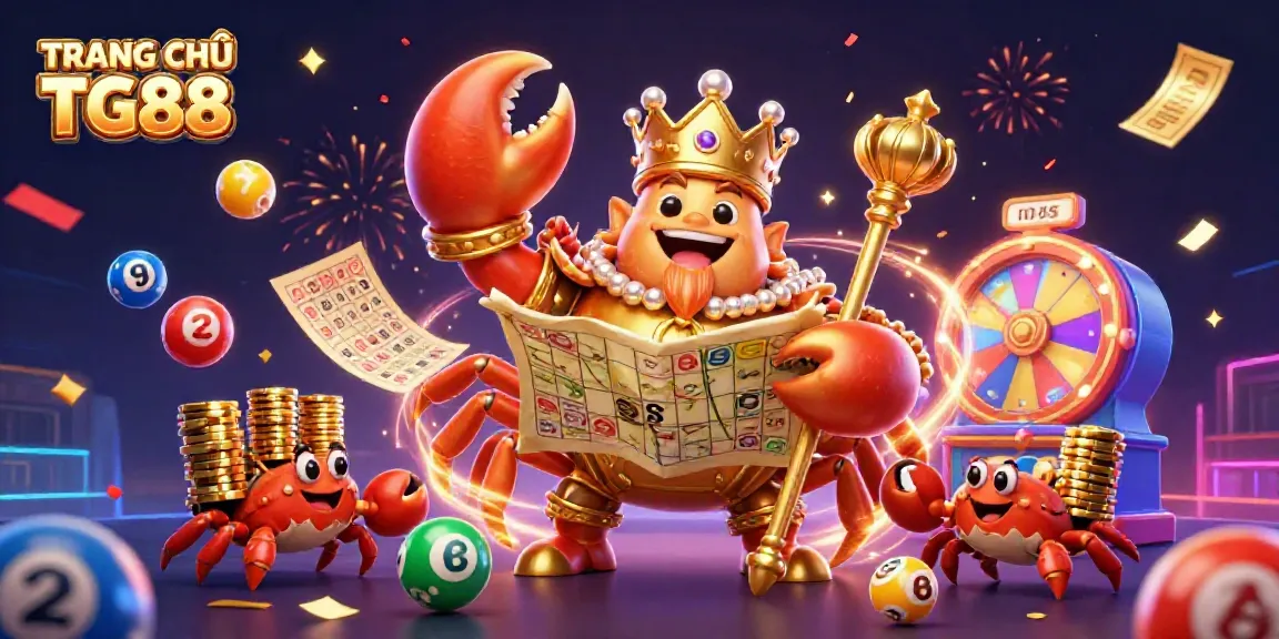 Engage with TRANG CHỦ TG88's thrilling lottery scene showcasing vibrant golden crab emperor and bounty.