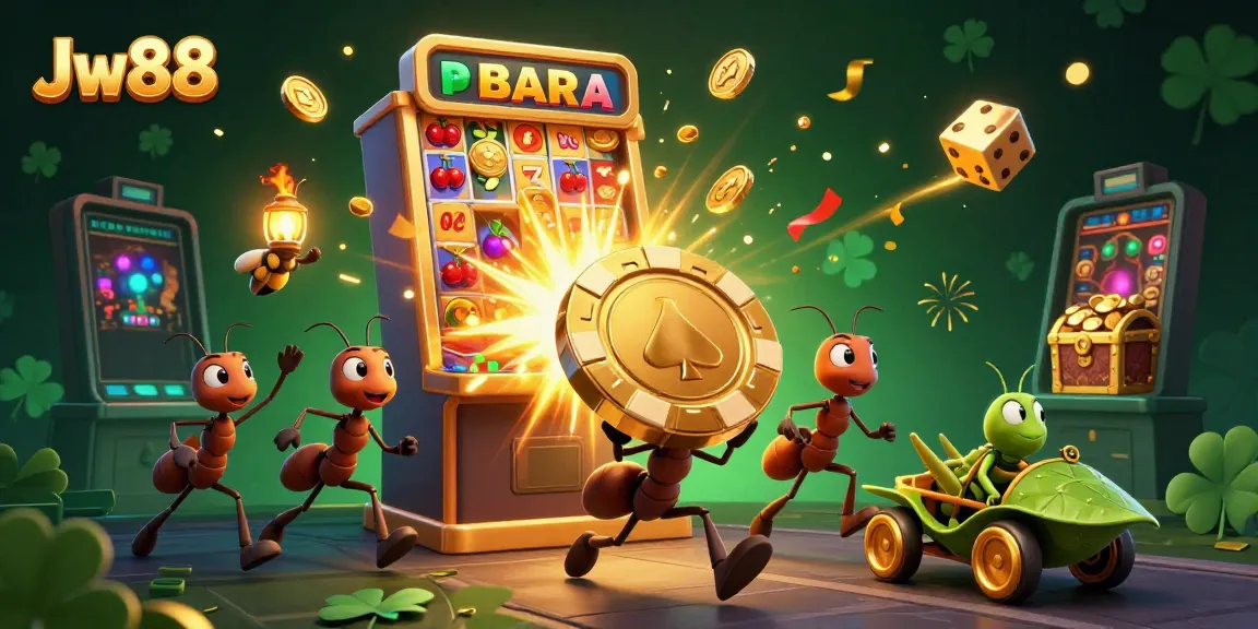 Engage in the excitement of Jw88 as cartoon ants carry a giant poker chip, surrounded by casino elements.