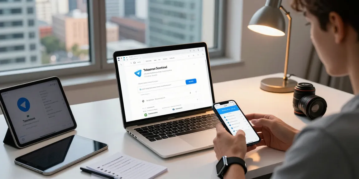 Explore Telegram Download features with a user configuring settings on multiple devices in a modern workspace.