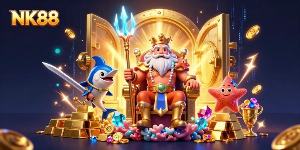Experience thrilling games at NK88 with a vibrant underwater adventure, showcasing Neptune and treasure elements.