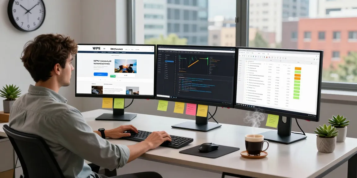 Workspace of a software developer showcasing WPS Official Website, coding tools, and a vibrant city view.