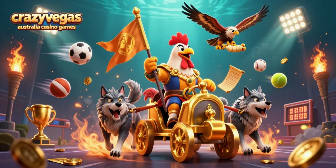 Engage with crazyvegas australia casino games through a thrilling 3D scene featuring a rooster warlord and sports elements.